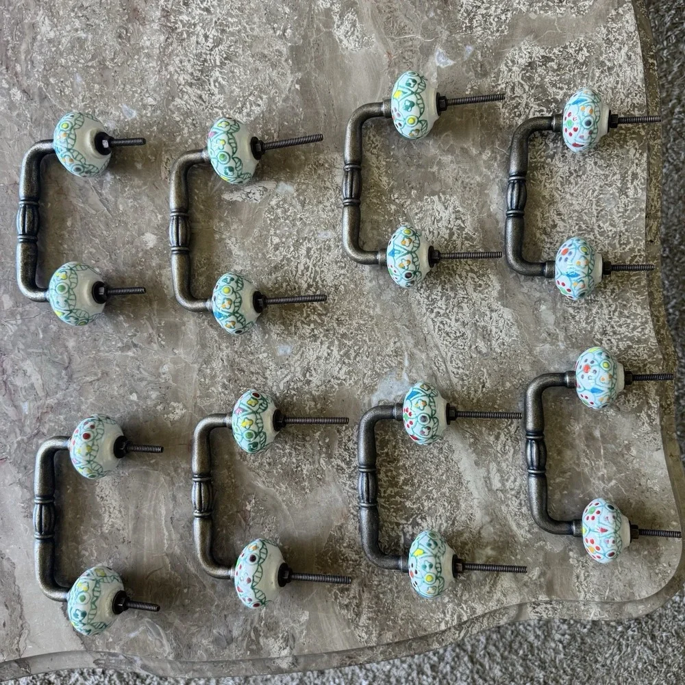 Lot 8 Hand Painted Ceramic & Brass Boho Colorful Cabinet / Drawer /Dresser Pulls